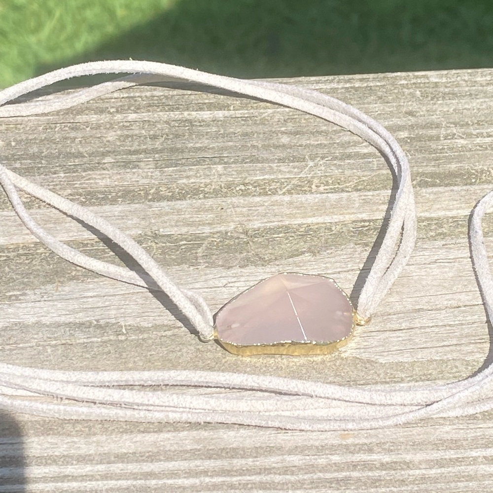 Gold dipped Rose Quartz choker necklace gray leather adjustable ties